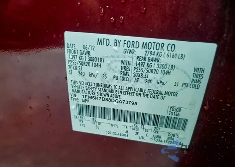 2013 Ford Explorer Xlt z USA, uszkodzony, nr VIN 1FM5K7D88DGA73795